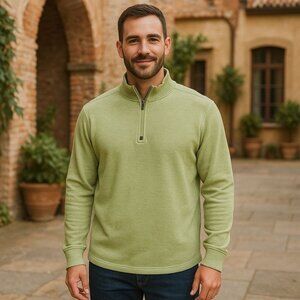 Robert Graham Green and White Micro‎ Striped Quarter Zip Sweater Cozy Chic M